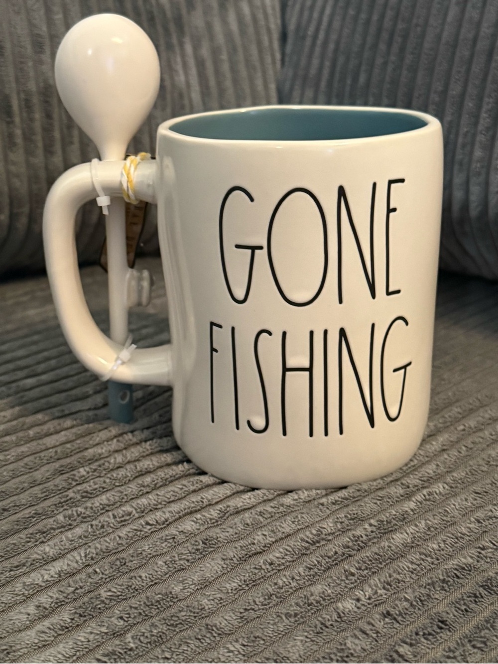 Rae Dunn White Ceramic Fishing Mug with Blue Interior and Spoon - Picture 2 of 6